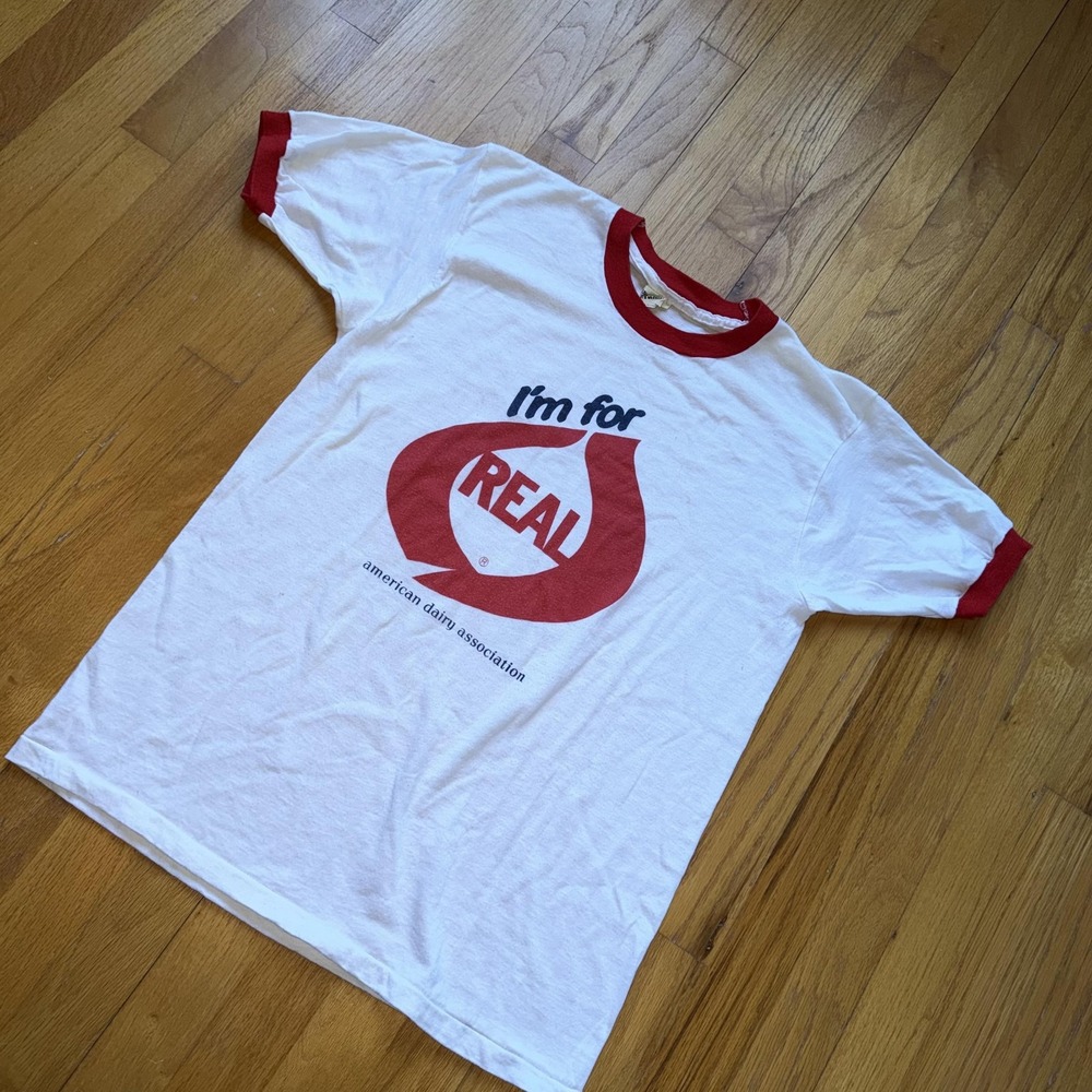 Vintage Screen Stars Shirt Mens L White Ringer I'm For Real Dairy Promo 80s‎ Tee - Picture 4 of 11